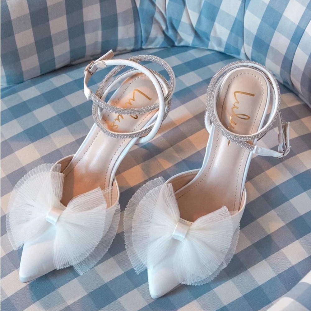 Lelanee White Satin Rhinestone Bow Ankle Strap Pumps